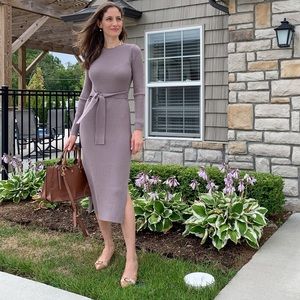 Crew Neck Long Sleeve Midi Sweater Dress Elegant Side Slit Bodycon Dress